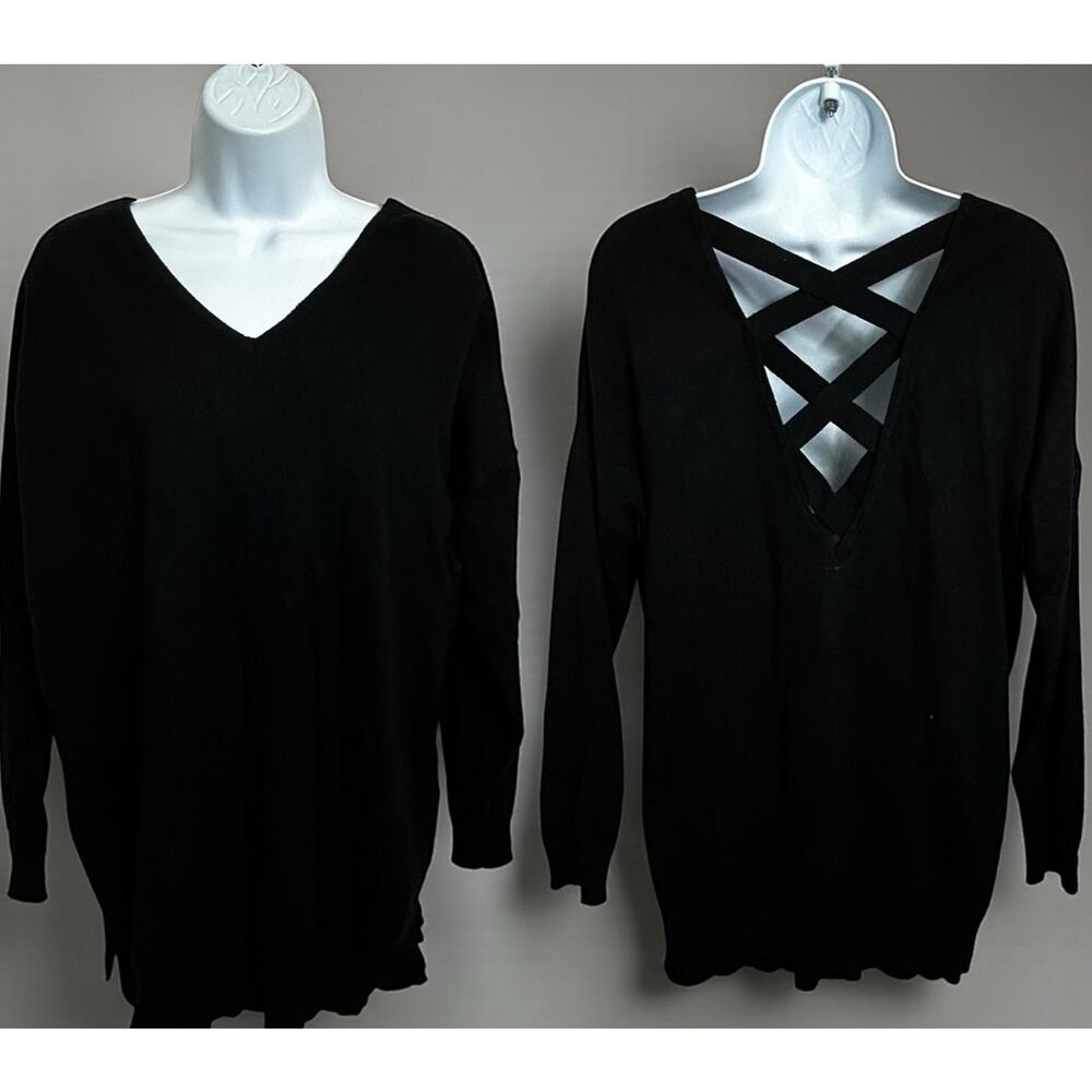 Alya Black V-Neck Sweater Sz Small Long Fit Semi Open Back Soft Minimalist Top